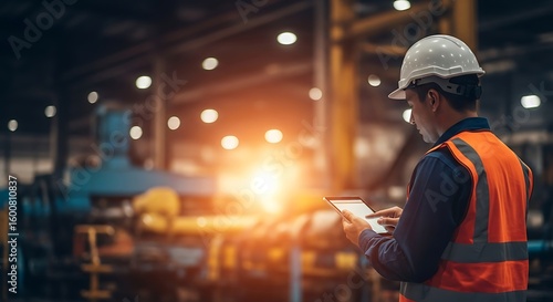 Engineer using a tablet in an industrial manufacturing plant setting