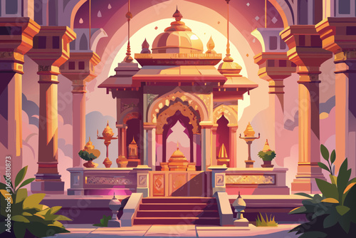 Illustration of a Hindu Altar or Mandir Bathed in Light Detailed Design