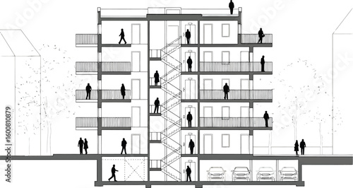 Architectural cross section drawing of a modern multi story building with people on balconies and stairs
