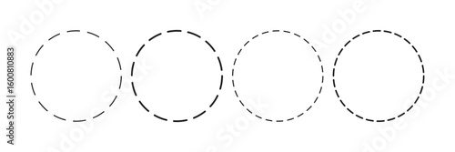 Set of circle shapes with dashed lines. Dotted geometric round figures isolated on white background. Cut here pictograms for coupons or tags. Vector outline illustration.