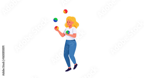 A captivating vector illustration of a young woman demonstrating extraordinary juggling skill with colorful balls, showcasing talent and amusement