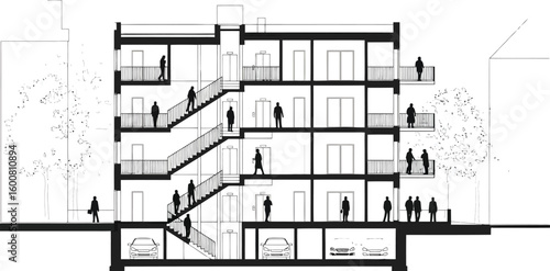 Architectural cross section drawing of a modern building with multiple floors and a central staircase featuring silhouetted people