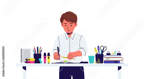 Focused young man writing in a notebook amidst a tidy workspace filled with office supplies on a clean background