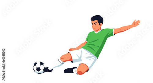 Dynamic soccer player illustration executing a powerful kick on a stark white backdrop showcasing athletic skill and determination in a minimalist