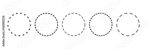 Set of circle shapes with dashed lines. Dotted geometric round figures isolated on white background. Cut here pictograms for coupons or tags. Vector outline illustration.