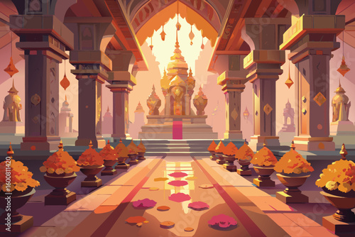 Hindu Temple Interior Illustration with Cultural Elements and Detailed Architecture