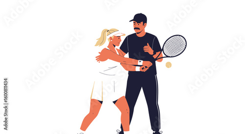 Tennis Coaching Session: A Trainer Correcting a Female Player's Forehand Technique on the Court