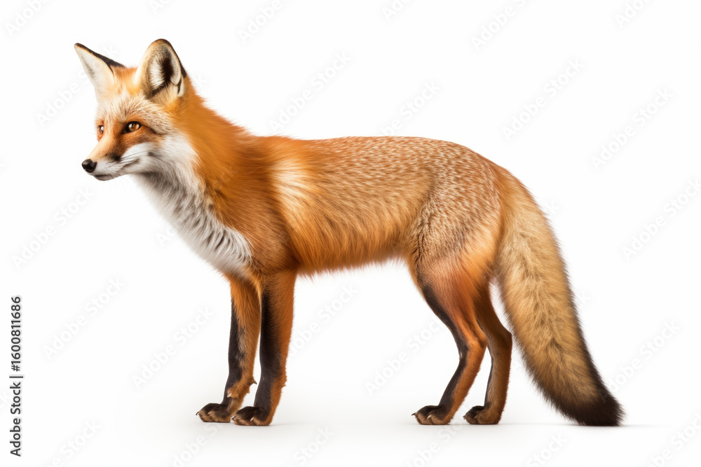 Fototapeta premium Vibrant red fox standing elegantly against a clean white background, perfect for design projects