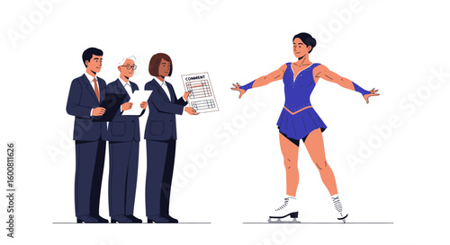Figure skating performance judged by panel with scorecards, showcasing artistry and athleticism under scrutiny and expertise