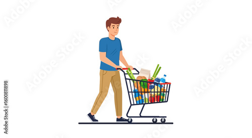Man pushing shopping cart brimming with groceries on white backdrop showcasing a modern lifestyle and the essence of consumerism and daily errands