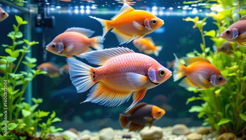 Fototapeta premium an aquarium with various tropical fish swimming in it. the water is clear, revealing plants at the bottom of the tank