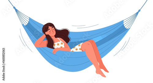 Relaxing day: woman enjoying leisure time in a blue hammock under serene skies and soft breeze depicted in a minimalist artistic style