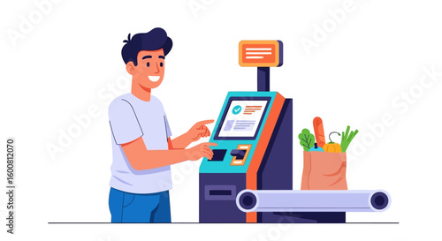 Illustration depicting a man using a self-checkout kiosk with groceries in a bag conveying modern convenience and autonomous shopping experience