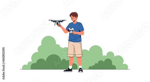 Young man operating a drone outdoors surrounded by abstract greenery modern technology and hobbyist pursuits combined in single graphic