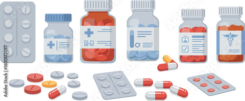 Colorful flat design medication bottles and pills with labels