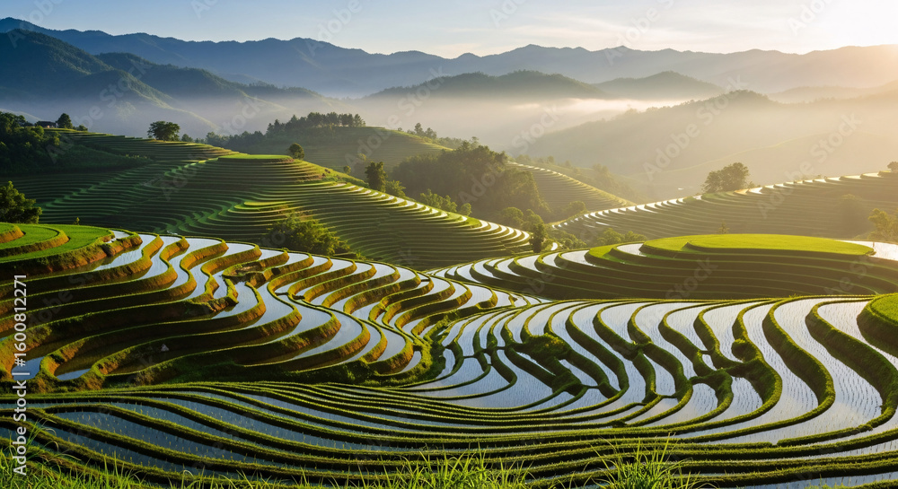 Fototapeta premium Lush Green Rice Terraces with Water Reflections in a Mountainous Landscape.