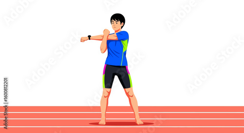 Athlete warming up on the running track stretching arms before starting exercise routine, vector illustration showcasing fitness preparation and