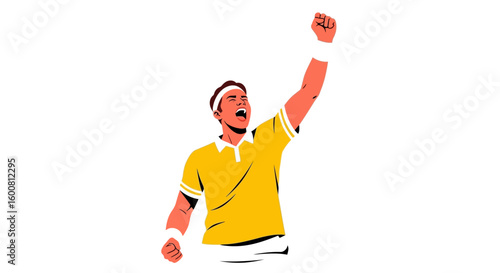 Energetic tennis player celebrating triumph with raised fist and vibrant enthusiasm conveying success and victory, showcasing sportsmanship and
