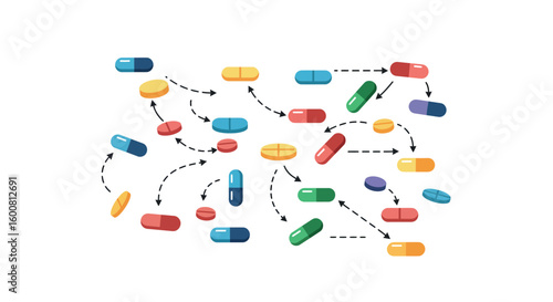 Colorful flat diagram of pills and arrows on white background