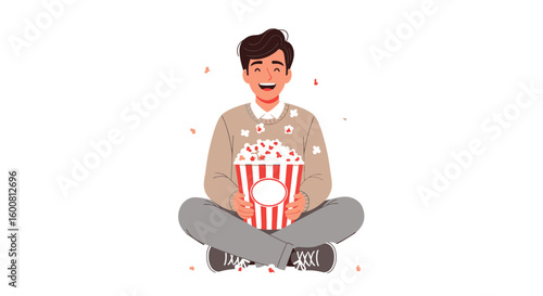 Joyful man cross legged holding popcorn bucket, enjoying a cinematic experience at home, carefree moments with light background