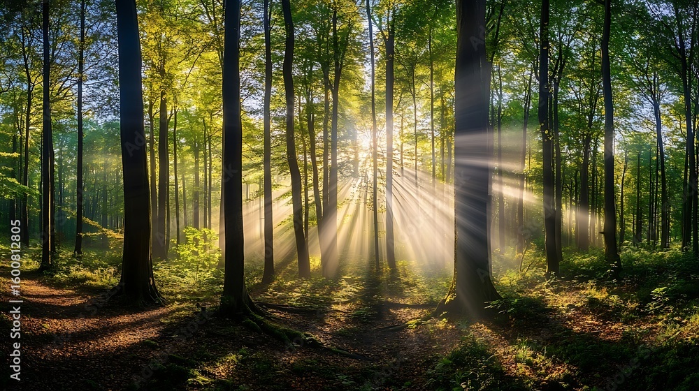 Obraz premium Sunlight Streaming Through Forest Trees Creating a Magical Atmosphere