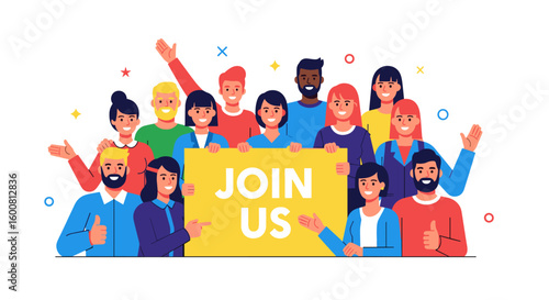 Diverse group of people enthusiastically holding a 'Join Us' sign, symbolizing teamwork, collaboration, and invitation in a vibrant and inclusive environment.