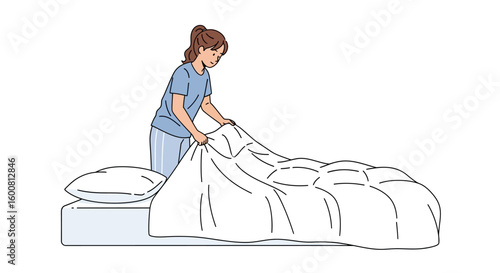 Woman making bed in the morning illustration showcasing domestic routine and care  in a minimalist style