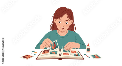 Young Woman Engaged in Scrapbooking: Preserving Memories with Photos in a Personalized Album Creating a Cherished Keepsake, DIY Project