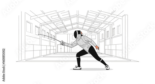 Fencer poised in athletic stance inside training hall prepares for action depicting focus and precision with determination and skill highlighted by