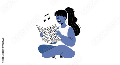 Cartoon illustration of a singing woman with music notes expressing artistic passion and musical interpretation in a minimalist style