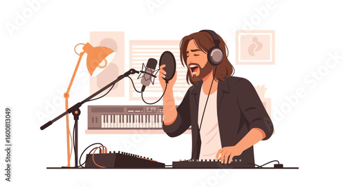 Creative expression in music: A dedicated musician recording vocals and playing keyboard at professional studio to produce captivating sounds