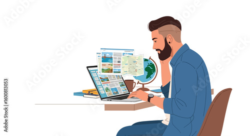 Modern Professional Planning a Trip Online with Laptop and Travel Resources from Home Office