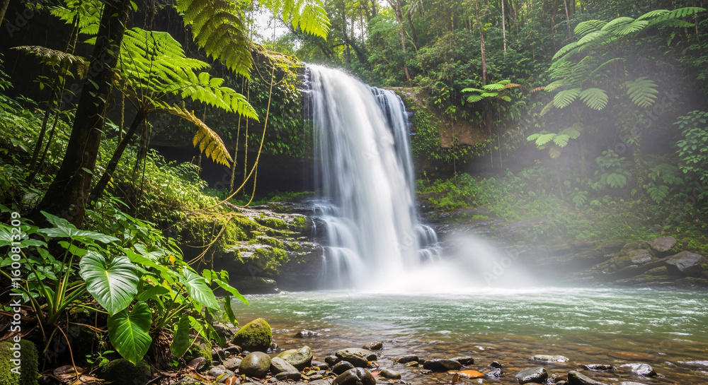 Obraz premium Lush Rainforest Waterfall Cascading Over Rocks.