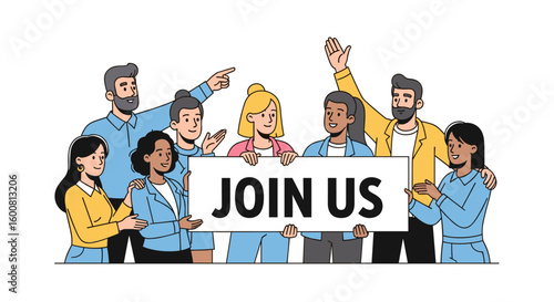 A diverse group of smiling individuals enthusiastically holds a 'JOIN US' sign, inviting new members to their collaborative team or community.