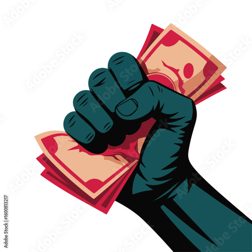 Teal fist clutching red and tan currency money cash