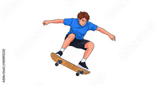 Skateboarder executing a trick with style and flair isolated on a white background showcasing youthful exuberance and dynamic movement in sports