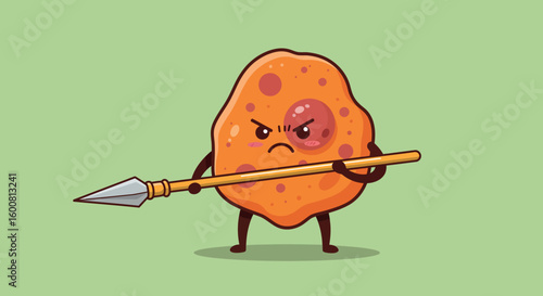 Cartoon cookie warrior with spear on green background