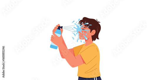 Illustration of a person spraying water on their face, illustrating skincare or refreshing feeling isolated on a white backdrop emphasizing