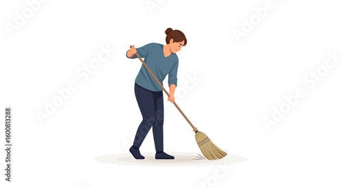 Focused female figure sweeping with a traditional broom for cleanliness and order, highlighting daily chores and domestic routine