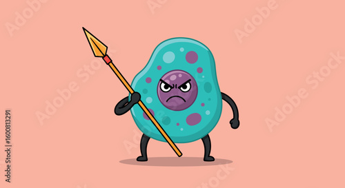 Cartoon cell warrior with spear on pink background