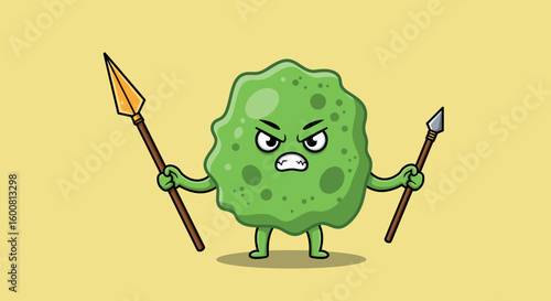 Cartoon green bacteria warrior holding two spears on yellow background