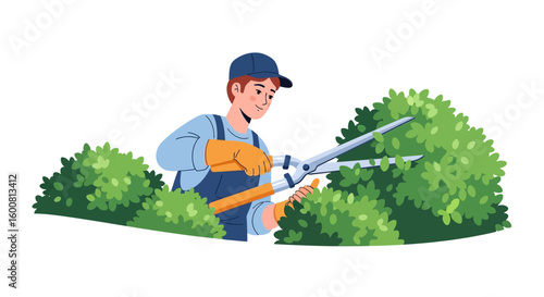 Landscaping art features a dedicated gardener expertly pruning bushes with precision, showcasing greenery and plant care in a visually appealing