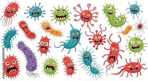 Colorful cartoon germs and bacteria with funny expressions on white background