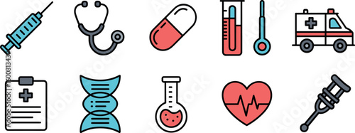 Medical icons including syringe stethoscope pill thermometer ambulance D N A and heart