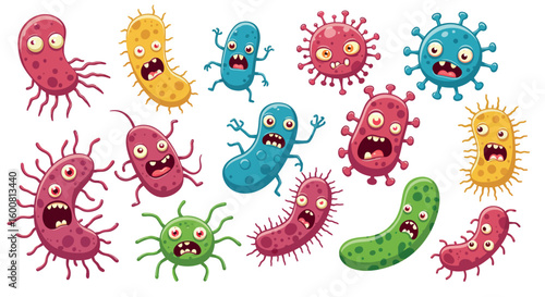 Colorful cartoon bacteria and viruses with funny faces in a cute and creepy style