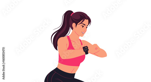 Animated girl wearing fitness tracker during workout routine in sportswear against a clean white backdrop