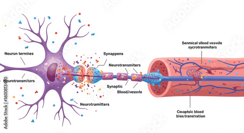 Detailed diagram of neuron and blood vessel connection with labeled parts