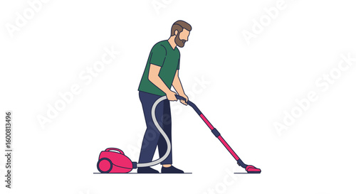 Man using a vacuum cleaner, routine household chores, domestic hygiene and interior maintenance depiction