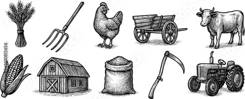 A variety of farm tools and animals, including a tractor, a chicken, a cow, and a barn. Concept of rural life and the hard work that goes into farming