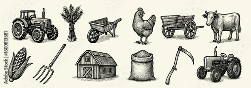 A collection of farm tools and farm animals. Scene is nostalgic and peaceful. The farm tools include a pitchfork, a wheelbarrow, and a tractor